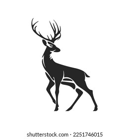 Stylish black and white vector logo design featuring a deer with big antlers.