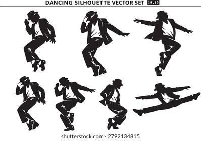 A stylish black and white vector set showing dynamic dancing silhouettes of a man in various poses, perfect for music or entertainment projects.