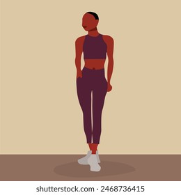 Stylish black woman in elegant gym wear line art style vector abstract