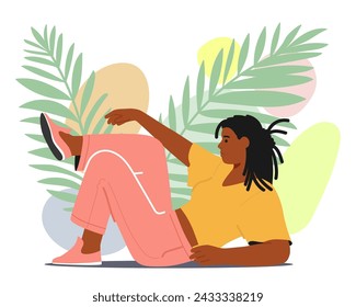 Stylish Black Woman Gracefully Lies, Crossing Her Legs, Adorned In Chic Attire. Attractive African American Female Character Exuding Confidence And Elegance. Cartoon People Vector Illustration