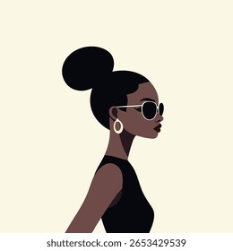 Stylish Black Woman in Profile Wearing Sunglasses and Hoop Earrings – Minimalist Vector Illustration