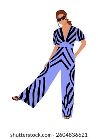 Stylish black woman standing in a purple jumpsuit, sunglasses. Fashion Vector colorful illustration isolated on white background