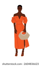 Stylish black woman standing in a red summer dress and holding a handbag. Vector illustration isolated on white background