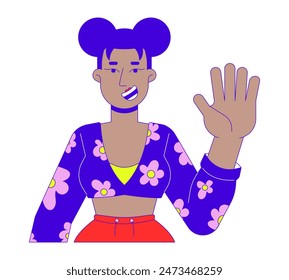 Elegante mujer negra ondeando mano 2D lineal personaje de dibujos animados. Alegre afroamericana joven adulta mujer línea aislada persona de Vector fondo blanco. Ilustración de punto plano de color de influencer positivo