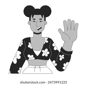 Stylish black woman waving hand black and white 2D line cartoon character. Cheerful african american female isolated vector outline person. Positive influencer monochromatic flat spot illustration