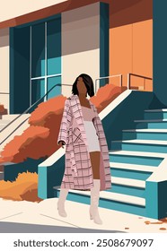 Stylish black woman wearing fashionable outwear standing on autumn city street with modern buildings and fall trees. African american pretty girl in smart casual office clothes. Vector  illustration.