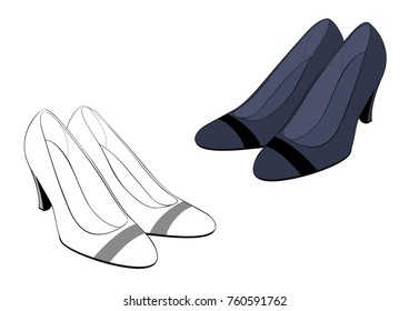 Stylish black women's high-heeled shoes without background. Line vector Illustration, EPS 8