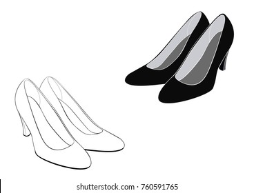 Stylish black women's high-heeled shoes without background. Line vector Illustration, EPS 8