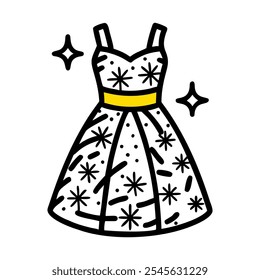 Stylish black and yellow doodle art icon of a sparkly dress for festive New Year’s parties