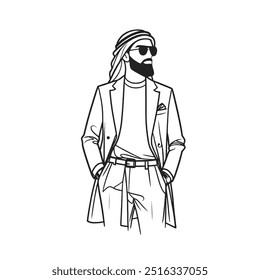  Stylish black-and-white line art of a bearded man wearing a headscarf and sunglasses, showcasing modern fashion with a long coat and casual pose. Perfect for fashion blogs, magazines, and design 