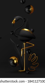 Stylish Black-gold flamingos. Luxurious abstract minimal design. Animal world poster, web banner. Natural background with bird 3d black golden metallic flamingo. Modern vector illustration