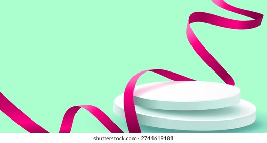 Stylish blank display podium with elegant pink ribbon on a mint green background, perfect for product showcasing. Vector illustration