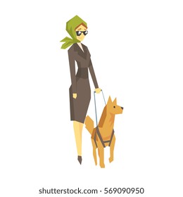 Stylish Blind Woman With Guiding Dog, Young Person With Disability Overcoming The Injury Living Full Live Vector Illustration