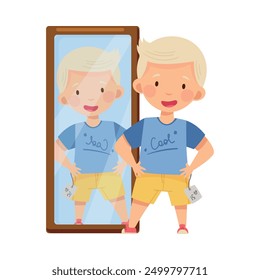 Stylish Blond Boy Fitting Fashion Pair of Shorts with Price Tag in Front of the Mirror in Shopping Mall Vector Illustration