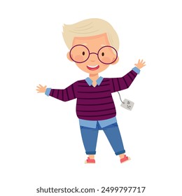 Stylish Blond Boy in Glasses in Fashion Clothes with Price Tags Vector Illustration