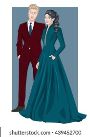 Stylish blond man in red leisure suit and beautiful brunette woman with smile on face in long green evening dress,vector