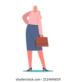 Stylish Blonde Businesswoman wear Trendy Outfit Pink Blouse, Blue Skirt and Handbag. Fashion Trend for Women Style, Lady in Fashionable Clothes, Apparel for Girls. Cartoon People Vector Illustration