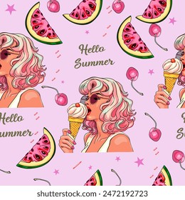 Stylish blonde eats ice cream, cherries, watermelons. Flight pattern