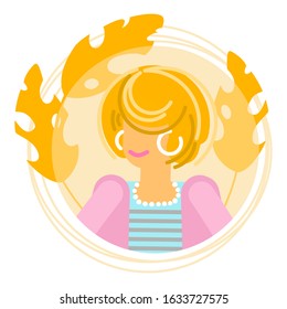 Stylish blonde girl in avatar earrings in a circle with leaves. Vector flat style illustration.