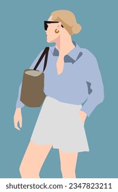 Stylish blonde girl with a bag. Street style in clothes minimalism in bed colours. Woman wearing sunglasses, blue shirt and shorts. Stylish accessories. Beauty illustration. Vector