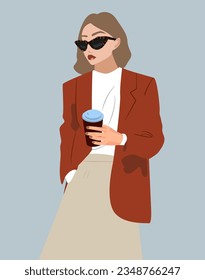 Stylish blonde girl with a bag. Street style in clothes minimalism in bed colours. Woman wearing sunglasses, blue shirt and shorts. Stylish accessories. Beauty illustration. Vector. Red jacket