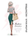Stylish blonde girl in fashion clothes, with bag and coffee cup. Hand drawn beautiful girl. Fashion woman. Sketch. Vector illustration.