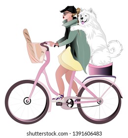 Stylish blonde girl rides a bike with her dog breed Samoyed