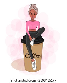 Elegante rubia sentada en un gran vaso de café belleza y moda, hecho a mano, impreso para textiles, para una camiseta, imprimir para una postal o afiche. ilustración de moda. Diseño de ilustración vectorial con estilo