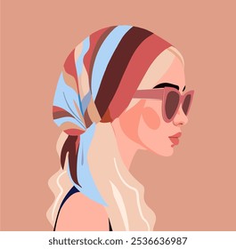 Una mujer rubia con estilo, con gafas de sol rosas y un pañuelo colorido en la cabeza está mirando hacia un lado. La ilustración es perfecta para los conceptos de moda, belleza y estilo de vida.