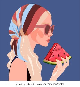 Una mujer rubia con estilo en gafas de sol y un pañuelo en la cabeza sostiene una rodaja de sandía sobre un fondo azul. Esta vibrante ilustración captura un sentimiento veraniego y de moda.