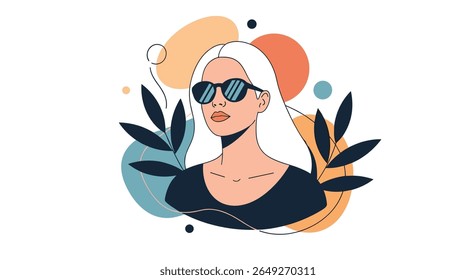 Mulher loira elegante usando óculos de sol em meio a formas abstratas e elementos botânicos em cores vibrantes
