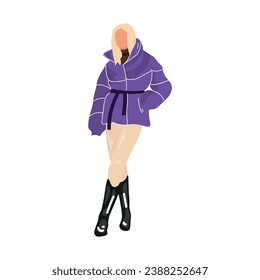 Stylish blonde woman in winter clothes on white background