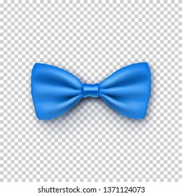 Stylish blue bow tie from satin with shadow. Hipster accessory isolated on transparent background. Realistic formal wear for official event. Elegant clothes object from silk vector illustration.