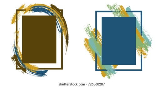 Stylish blue and brown art frame set vector collection. Grunge border with painted brushstrokes background collection. Painted frames advertising graphic design templates for banner, flyer, poster.