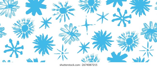 Stylish blue color seamless pattern with handdrawn graffiti flowers, asterisks, and crystal Xmas shapes. Grunge wax crayon, chalk, and charcoal squiggles, perfect template for music design. Vector