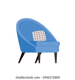 Stylish blue comfortable chair with plaid cushion in flat cartoon style. Part of the interior of a living room or office. Isolated on white background