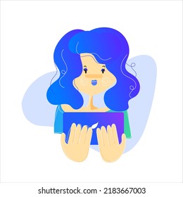 Stylish blue concept - business, customer lady on her iPad 