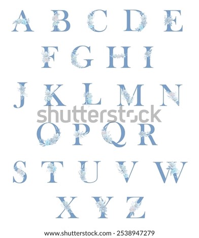 Stylish blue elegant alphabet featuring beautiful watercolor flowers, perfect for invitations, greeting cards, or decorative designs that add a floral touch to any project.