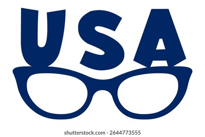 Óculos azuis elegantes com as letras USA sobrepostas às lentes, simbolizando o orgulho e a identidade americanos, perfeitos para celebrações e eventos patrióticos