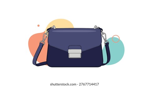 Stylish blue handbag with a silver clasp and shoulder strap is featured against a colorful abstract background.