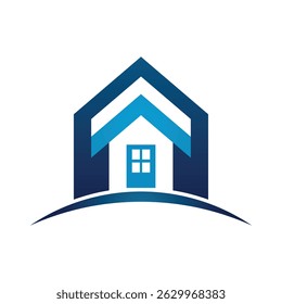 Stylish blue house logo with window, curved base, vector design, real estate icon, modern style, home symbol, minimalist graphic