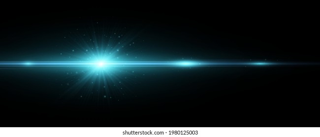 El efecto de la luz azul estilizado está aislado en un fondo oscuro. Secuencias vectoriales para el proyecto. Llama la lente. Explosión con chispas brillantes. Brillo brillante con rayos horizontales. EPS 10.