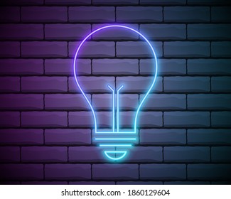 Stylish Blue Light Neon Lamp. Vector illustration . neon Bulb icon isolated on dark brick wall background.