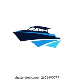 Elegante barco azul no logotipo da onda do mar