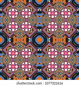 Stylish blue, orange and black texture. Vector abstract geometric background. Seamless pattern with rhombus and polygons forming abstract wallpaper.