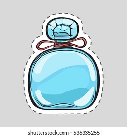 Stylish blue perfume flacon for women. Cut it out. Illustration of isolated female odour in cartoon style. Nosegay in rectangular bottle with rounded corners. New scent. Fashion. Flat design. Vector