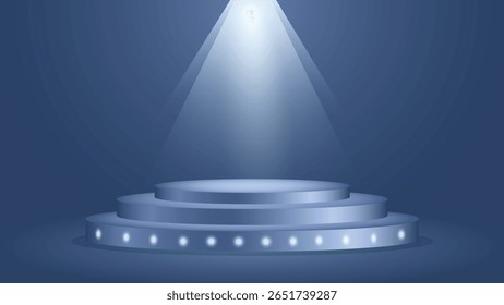 Stylish blue podium background featuring bright spotlight and stage lights perfect for product displays award ceremonies events marketing visuals and elegant presentations
