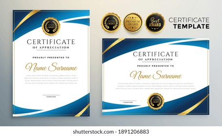 stylish blue premium certificate template design set