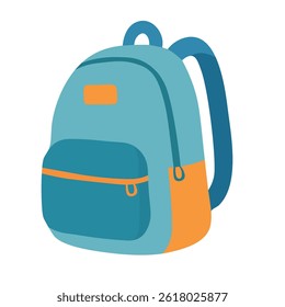 Stylish blue school backpack with orange accents and front pocket. Cute vector flat illustration for education themes.