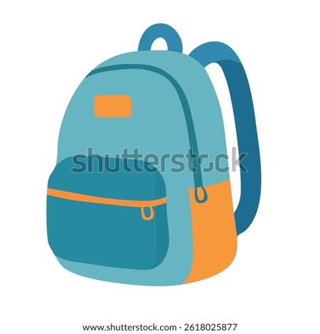 Stylish blue school backpack with orange accents and front pocket. Cute vector flat illustration for education themes.